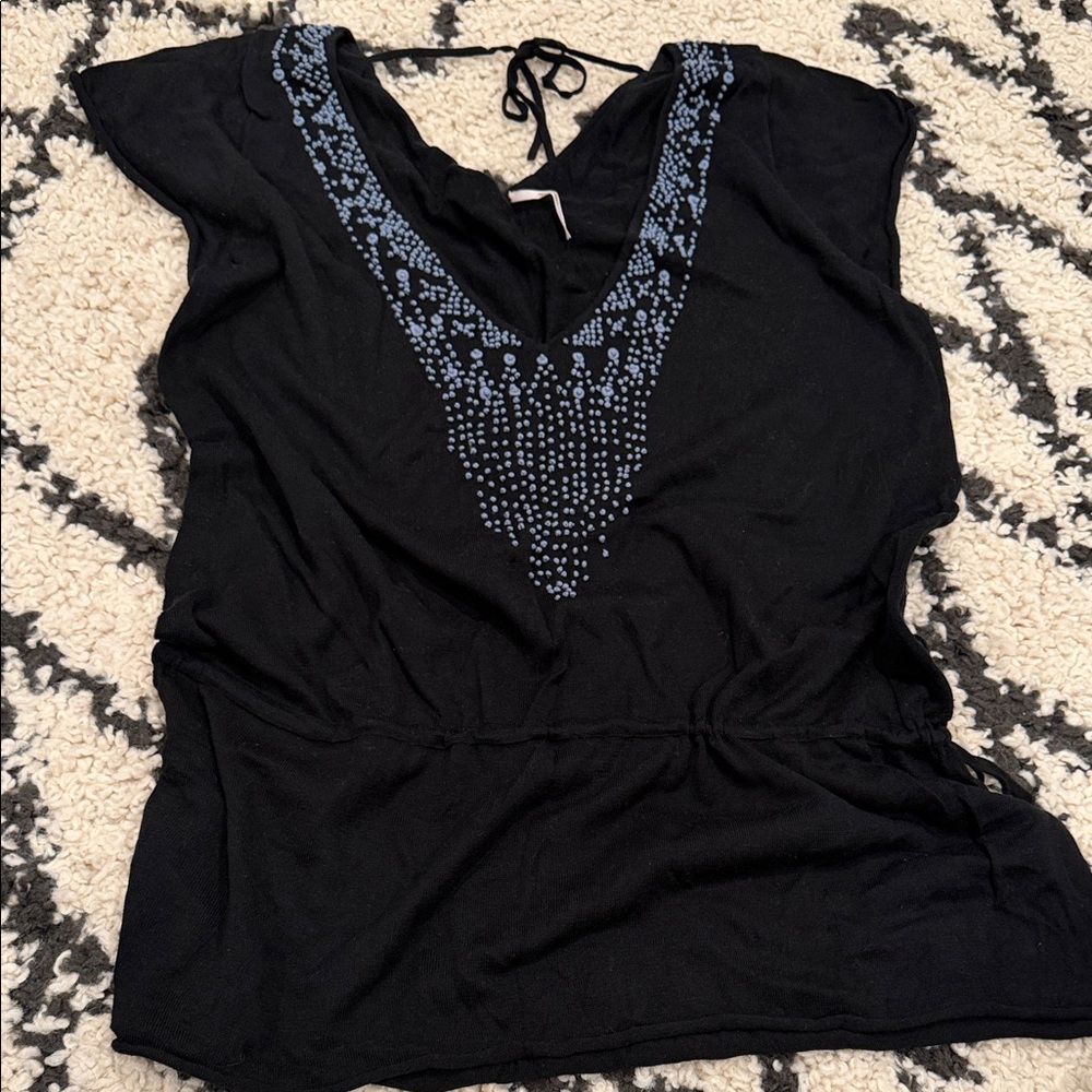 Free People Black V-Neck Sweater Top with Blue Embellishment